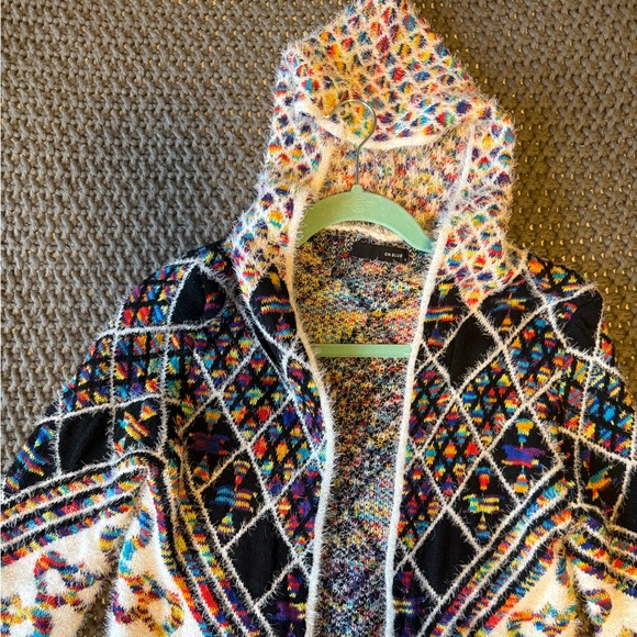 Anthropologie On Blue Hooded Duster Cardigan Colorful Diamond Pattern Knit - Picture 8 of 9